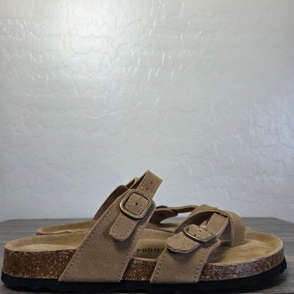 Project Cloud Lian Suede Leather Slide Sandals Cork Footbed Tan Size Women's 7 - Picture 1 of 10